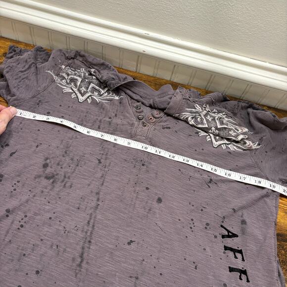 Affliction Y2K Size S Henley Shirt Tee Gothic Rock Cross Distressed Velvet Gray - Picture 7 of 12